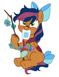 Size: 927x1198 | Tagged: safe, artist:al-lat, imported from derpibooru, oc, oc only, oc:solar comet, pegasus, pony, bandaid, bandaid on nose, bandana, bow, clothes, disguise, disguised changedling, eyelashes, flower, glue, hair bow, simple background, sitting, smiling, sock, socks, solo, stick, striped socks, tail bow, transparent background