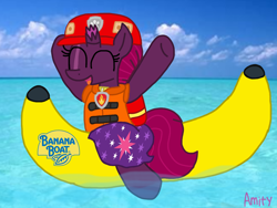 Size: 1440x1080 | Tagged: safe, artist:徐詩珮, imported from derpibooru, fizzlepop berrytwist, tempest shadow, series:sprglitemplight diary, series:sprglitemplight life jacket days, series:springshadowdrops diary, series:springshadowdrops life jacket days, alternate universe, banana boat, clothes, female, lifejacket, marshall (paw patrol), paw patrol, ultimate rescue