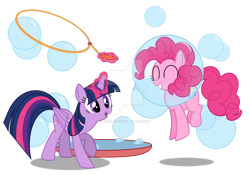 Size: 1024x715 | Tagged: safe, artist:water-kirby, imported from derpibooru, pinkie pie, twilight sparkle, alicorn, earth pony, pony, bubble, bubble solution, bubble wand, deviantart watermark, female, glowing horn, happy, horn, magic, mare, obtrusive watermark, simple background, transparent background, twilight sparkle (alicorn), watermark