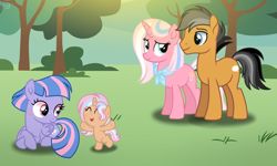 Size: 1280x768 | Tagged: safe, artist:purplepotato04, imported from derpibooru, clear sky, quibble pants, wind sprint, oc, oc:bliss, pony, father and child, father and daughter, female, half-siblings, half-sisters, male, mother and child, mother and daughter, offspring, parent:clear sky, parent:quibble pants, parents:quibblesky, quibblesky, shipping, stepfather and daughter, straight