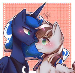 Size: 1479x1447 | Tagged: safe, artist:jovitatheresia, imported from derpibooru, princess luna, oc, oc:raxella gessu, oc:raxella s. gessu, alicorn, pegasus, pony, canon x oc, crescent moon, female, horn, luna moon, male, mare, moon, simple background, stallion, wings