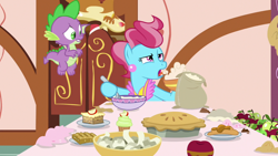 Size: 1920x1080 | Tagged: safe, imported from derpibooru, screencap, cup cake, spike, dragon, pony, the big mac question, apple, batter, female, flour, food, mare, pie, tongue out, winged spike, wings