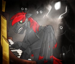 Size: 1500x1278 | Tagged: safe, alternate version, artist:dystopianroach, imported from derpibooru, oc, oc only, oc:abel, pegasus, pony, blindfold, crying, d'lirium, light, male, musical instrument, organ, scared, souls, stallion