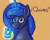 Size: 2048x1651 | Tagged: safe, artist:dummyhorse, artist:phutashi, imported from derpibooru, princess luna, alicorn, pony, bepis, bust, dialogue, drink, female, glowing horn, holding, horn, looking at you, magic, mare, offering, open mouth, orange background, simple background, smiling, solo, spanish, talking to viewer, telekinesis, three quarter view, translated in the description, ¿quieres?