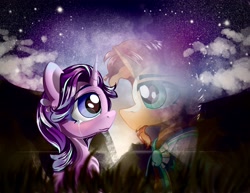 Size: 3300x2550 | Tagged: dead source, safe, artist:eris azure, imported from derpibooru, starlight glimmer, sunburst, pony, unicorn, alternate universe, cloud, crying, grass, love, mountain, night, scenery, shipping, stars