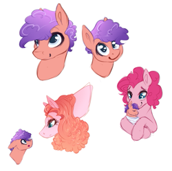 Size: 677x673 | Tagged: safe, artist:amiookamiwolf, imported from derpibooru, pinkie pie, oc, oc:milkshake, oc:pajamas, pony, baby, baby pony, female, filly, half-siblings, offspring, parent:cheese sandwich, parent:pinkie pie, parent:prince blueblood, parents:bluepie, parents:cheesepie, simple background, white background