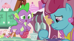 Size: 1920x1080 | Tagged: safe, imported from derpibooru, screencap, cup cake, spike, dragon, pony, the big mac question, candy, female, food, mare, winged spike, wings