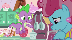 Size: 1920x1080 | Tagged: safe, imported from derpibooru, screencap, cup cake, spike, dragon, pony, the big mac question, candy, female, food, mare, winged spike, wings