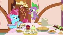 Size: 1920x1080 | Tagged: safe, imported from derpibooru, screencap, cup cake, spike, dragon, pony, the big mac question, apple, batter, female, flour, food, mare, pie, winged spike, wings