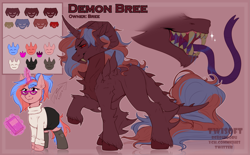 Size: 3059x1900 | Tagged: safe, artist:twisoft, imported from derpibooru, oc, oc only, oc:bree, demon, demon pony, original species, unicorn, clothes, fangs, glasses, horn, horns, palette, reference, reference sheet, sharp teeth, simple background, teeth, tongue out, transformation, unicorn oc