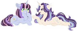 Size: 1024x419 | Tagged: safe, artist:azure-art-wave, imported from derpibooru, oc, oc only, oc:dusk, oc:jade, pony, unicorn, alternate universe, female, kiwi-verse, lying down, magical lesbian spawn, mare, offspring, parent:sci-twi, parent:starlight glimmer, parent:sunset shimmer, parent:trixie, parent:twilight sparkle, parents:scitwishimmer, parents:startrix, parents:sunsetsparkle, prone, simple background, transparent background