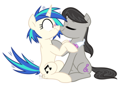 Size: 2600x1800 | Tagged: safe, artist:yaaaco, artist:yaco, imported from derpibooru, dj pon-3, octavia melody, vinyl scratch, earth pony, pony, unicorn, blushing, boop, bowtie, cute, eyes closed, female, flustered, lesbian, mare, noseboop, raised hoof, scratchtavia, scrunchy face, shipping, shrunken pupils, simple background, sitting, smiling, tavibetes, white background, wide eyes