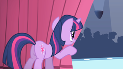 Size: 1920x1080 | Tagged: safe, imported from derpibooru, screencap, twilight sparkle, unicorn, green isn't your color, butt, curtains, female, plot, solo, solo focus, twibutt, unicorn twilight