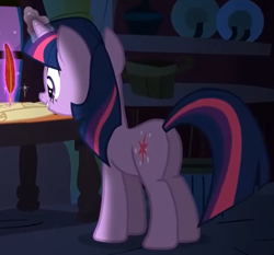 Size: 1370x1275 | Tagged: safe, imported from derpibooru, screencap, twilight sparkle, pony, unicorn, owl's well that ends well, butt, cropped, female, golden oaks library, magic, plot, quill, scroll, solo, twibutt, unicorn twilight