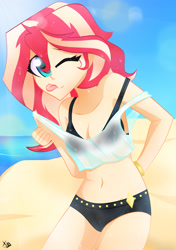 Size: 2304x3264 | Tagged: safe, artist:xan-gelx, imported from derpibooru, sunset shimmer, equestria girls, adorasexy, beach, belly button, breasts, cleavage, clothes, cute, female, high res, looking at you, ocean, one eye closed, sand, see-through, sexy, shimmerbetes, sleeveless, solo, sunset shimmer's beach shorts swimsuit, swimsuit, tongue out, water, wet