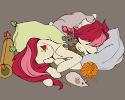 Size: 2080x1674 | Tagged: safe, artist:sofiko-ko, imported from derpibooru, roseluck, earth pony, pony, eyes closed, female, pillow, plushie, pony pet, rosepet, sleeping, solo, teddy bear, yarn, yarn ball