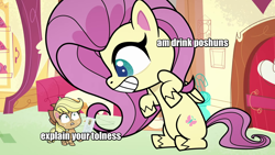 Size: 1280x720 | Tagged: safe, edit, edited screencap, imported from derpibooru, screencap, applejack, fluttershy, pony, my little pony: pony life, the trail less trotten, spoiler:pony life s01e07, caption, cheems, doge, engrish, female, g4.5, giantess, giantshy, image macro, intentional spelling error, kenzo, macro, meme, ponified meme, potat, potion, shiro, shiro and suki, text