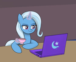 Size: 1100x900 | Tagged: safe, artist:mew-me, imported from derpibooru, trixie, unicorn, computer, cup, cutie mark, laptop computer, magic, teacup, telekinesis