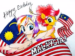 Size: 3096x2322 | Tagged: safe, artist:liaaqila, imported from derpibooru, oc, oc:qilala, oc:rosa blossomheart, :p, bunga raya, cute, flag, flower, flower in hair, hibiscus, jalur gemilang, malay independence day, malaysia, malaysian flag, ocbetes, simple background, tongue out, traditional art, white background