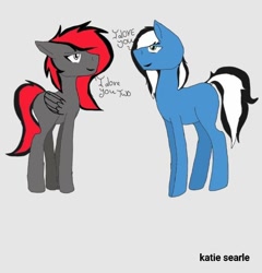 Size: 828x864 | Tagged: safe, imported from derpibooru, oc, oc:buffonsmash, oc:dicemare, pegasus, pony, cute, dialogue, female, husband and wife, looking up, male, monochrome, photo, standing, text