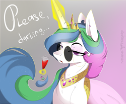 Size: 2123x1754 | Tagged: safe, artist:therealf1rebird, imported from derpibooru, princess celestia, alicorn, pony, alcohol, alternate hairstyle, clothes, darling, dress, female, glasses, horn, looking at you, magic, mare, solo, sunglasses, telekinesis, wine