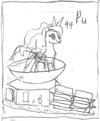 Size: 560x678 | Tagged: safe, artist:parclytaxel, imported from derpibooru, princess luna, alicorn, pony, series:joycall6's periodic table, series:nightliner, chemistry, female, mare, monochrome, new horizons, pencil drawing, periodic table, plutonium, sketch, solo, traditional art, wip