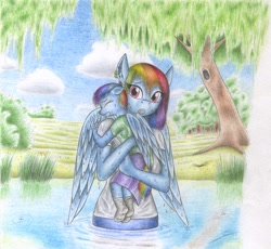 Size: 2215x2038 | Tagged: safe, artist:sinaherib, imported from derpibooru, rainbow dash, oc, oc:rainfall, anthro, clothes, offspring, parent:rainbow dash, parent:soarin', parents:soarindash, traditional art, water, wet, wet mane