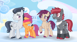 Size: 2008x1116 | Tagged: safe, artist:pancakeartyt, imported from derpibooru, rumble, scootaloo, oc, oc:shadow shield, oc:stormy night, pony, blindfold, female, male, mare, offspring, parent:rumble, parent:scootaloo, parents:rumbloo, rumbloo, shipping, stallion, straight