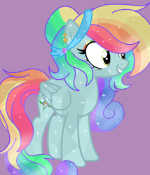 Size: 1800x2100 | Tagged: safe, artist:circuspaparazzi5678, imported from derpibooru, oc, oc only, oc:rainbow blitz, crystal pony, pegasus, pony, alternate hairstyle, base used, crystal, curly mane, different hairstyle, ear piercing, earring, jewelry, magical lesbian spawn, main oc, multicolored hair, offspring, parent:fluttershy, parent:rainbow dash, parents:flutterdash, piercing, rainbow hair, rainbow makeup, shiny, solo