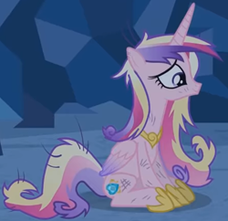 Size: 1196x1159 | Tagged: safe, imported from derpibooru, screencap, princess cadance, alicorn, pony, a canterlot wedding, season 2, cave, cropped, crystal caverns, cute, cutedance, dirty, female, mare, messy mane, scratches, sitting, smiling, solo