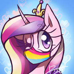 Size: 482x484 | Tagged: safe, artist:kaywhitt, imported from derpibooru, princess cadance, alicorn, pony, blue background, commission, coronavirus, covid-19, crown, face mask, female, heart, jewelry, mare, mask, one eye closed, pansexual, pansexual pride flag, pride, pride flag, regalia, simple background, solo, wink, ych result