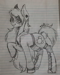 Size: 1080x1350 | Tagged: safe, artist:xyedoesthings, imported from derpibooru, oc, oc only, oc:flower power, earth pony, pony, clothes, ear fluff, ear piercing, earth pony oc, female, lineart, mare, piercing, raised hoof, signature, smiling, solo, traditional art