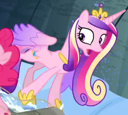 Size: 1190x1071 | Tagged: safe, imported from derpibooru, screencap, pinkie pie, princess cadance, alicorn, pony, party pooped, colored wings, cropped, female, shocked expression, snow, solo, solo focus, wings