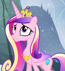 Size: 1204x1325 | Tagged: safe, imported from derpibooru, screencap, princess cadance, alicorn, pony, party pooped, cropped, crown, female, folded wings, jewelry, mare, regalia, snow, snowfall, solo, tiara, wings