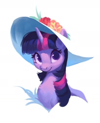 Size: 1256x1535 | Tagged: safe, artist:luciferamon, imported from derpibooru, twilight sparkle, pony, unicorn, bust, chest fluff, colored pupils, cute, female, flower, hat, horn, looking at you, mare, portrait, simple background, smiling, smiling at you, solo, sun hat, twiabetes, unicorn twilight, white background