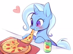 Size: 2048x1534 | Tagged: safe, artist:pirateyoukai, imported from derpibooru, trixie, pony, unicorn, :t, apple juice, blushing, can, cheese pizza, cute, diatrixes, eating, female, food, heart, juice, mare, meat, nom, peetzer, pepperoni, pepperoni pizza, pizza, ponies eating meat, puffy cheeks, simple background, solo, white background