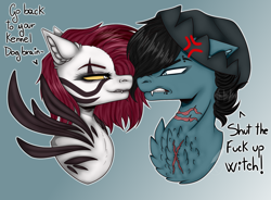 Size: 1624x1196 | Tagged: safe, artist:speedpurple26, imported from derpibooru, oc, oc:emalajiss, oc:jughead, earth pony, pegasus, pony, angry, bust, chest fluff, cross-popping veins, cute, earth pony oc, fangs, fluffy, handdrawing, hat, oc x oc, pegasus oc, scar, sexy, shipping, simple background, wings