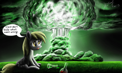 Size: 854x512 | Tagged: safe, artist:dreamyskies, derpibooru exclusive, imported from derpibooru, derpy hooves, ditzy doo, pegasus, pony, fallout equestria, accident, chemicals, complex background, destroyed, destroyer, destroyer of worlds, detailed background, end of ponies, explosion aftermath, explosives, fallout, feeling sorry, female, grass, grass field, i just don't know what went wrong, mare, open mouth, sitting, sitting on grass, solo, text, this ended in fire, upset