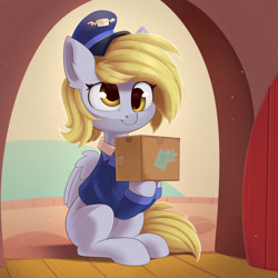 Size: 1200x1200 | Tagged: safe, artist:anti1mozg, imported from derpibooru, derpy hooves, pegasus, pony, my little pony: pony life, unboxing day, spoiler:pony life s01e30, box, cardboard box, cute, derpabetes, female, g4, g4.5, g4.5 to g4, hat, mailmare, mailmare hat, mare, scene interpretation, smiling, solo, sweet dreams fuel