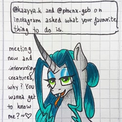 Size: 1080x1080 | Tagged: safe, artist:galaxy.in.mind, imported from derpibooru, oc, oc only, oc:crystal dawn, changepony, pony, unicorn, ask, bedroom eyes, bust, female, forked tongue, graph paper, horn, magical lesbian spawn, makeup, mare, offspring, parent:princess celestia, parent:queen chrysalis, parents:chryslestia, solo, tongue out, traditional art, unicorn oc