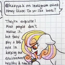 Size: 1080x1081 | Tagged: safe, artist:galaxy.in.mind, imported from derpibooru, oc, oc only, oc:honey glaze, bee, earth pony, insect, pony, ask, bust, earth pony oc, female, freckles, graph paper, hoof hold, magical lesbian spawn, mare, offspring, parent:applejack, parent:rarity, parents:rarijack, solo, traditional art