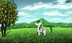 Size: 854x512 | Tagged: safe, artist:dreamyskies, derpibooru exclusive, imported from derpibooru, oc, oc only, oc:dreamer skies, pegasus, pony, amazed, cloud, cloudy, complex background, food, forest, forest background, grass, grass field, lemon, lemon tree, looking up, male, mountain, mountain range, pegasus oc, scenery, scenery porn, signature, skies, sky, solo, stallion, tree, wings