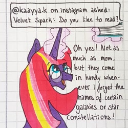 Size: 1080x1080 | Tagged: safe, artist:galaxy.in.mind, imported from derpibooru, oc, oc only, oc:velvet spark, pony, ask, book, bust, female, glasses, glowing horn, graph paper, horn, magic, magical lesbian spawn, mare, offspring, parent:tempest shadow, parent:twilight sparkle, parents:tempestlight, solo, telekinesis, traditional art