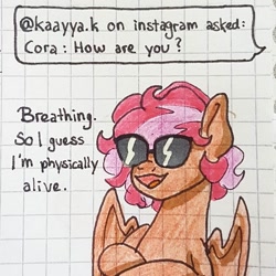 Size: 1080x1080 | Tagged: safe, artist:galaxy.in.mind, imported from derpibooru, oc, oc only, oc:cora, pegasus, pony, :d, ask, bust, crossed arms, female, graph paper, mare, open mouth, pegasus oc, smiling, solo, sunglasses, traditional art, wings