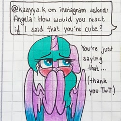 Size: 1080x1080 | Tagged: safe, artist:galaxy.in.mind, imported from derpibooru, oc, oc only, oc:angela, alicorn, pony, alicorn oc, ask, blushing, bust, female, graph paper, horn, mare, solo, traditional art, two toned wings, wings