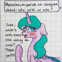 Size: 1080x1080 | Tagged: safe, artist:galaxy.in.mind, imported from derpibooru, oc, oc only, oc:angela, alicorn, pony, alicorn oc, ask, blushing, bust, female, graph paper, horn, mare, raised hoof, solo, traditional art, two toned wings, wings