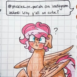 Size: 1080x1080 | Tagged: safe, artist:galaxy.in.mind, imported from derpibooru, oc, oc only, oc:cora, pegasus, pony, ask, blushing, bust, female, graph paper, mare, pegasus oc, question mark, solo, traditional art, wings