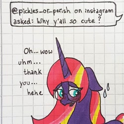 Size: 1080x1080 | Tagged: safe, artist:galaxy.in.mind, imported from derpibooru, oc, oc only, oc:velvet spark, pony, unicorn, ask, blushing, bust, female, glasses, graph paper, horn, magical lesbian spawn, mare, offspring, parent:tempest shadow, parent:twilight sparkle, parents:tempestlight, solo, traditional art, unicorn oc