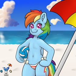 Size: 4000x4000 | Tagged: safe, artist:yelowcrom, imported from derpibooru, rainbow dash, pegasus, semi-anthro, beach, beach ball, beach umbrella, bipedal, clothes, cloud, ear fluff, female, looking at you, mare, partial nudity, sky, swimsuit, topless