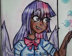 Size: 1080x836 | Tagged: safe, alternate version, artist:puqui738, imported from derpibooru, twilight sparkle, human, bust, clothes, dark skin, female, grin, humanized, smiling, solo, traditional art, winged humanization, wings